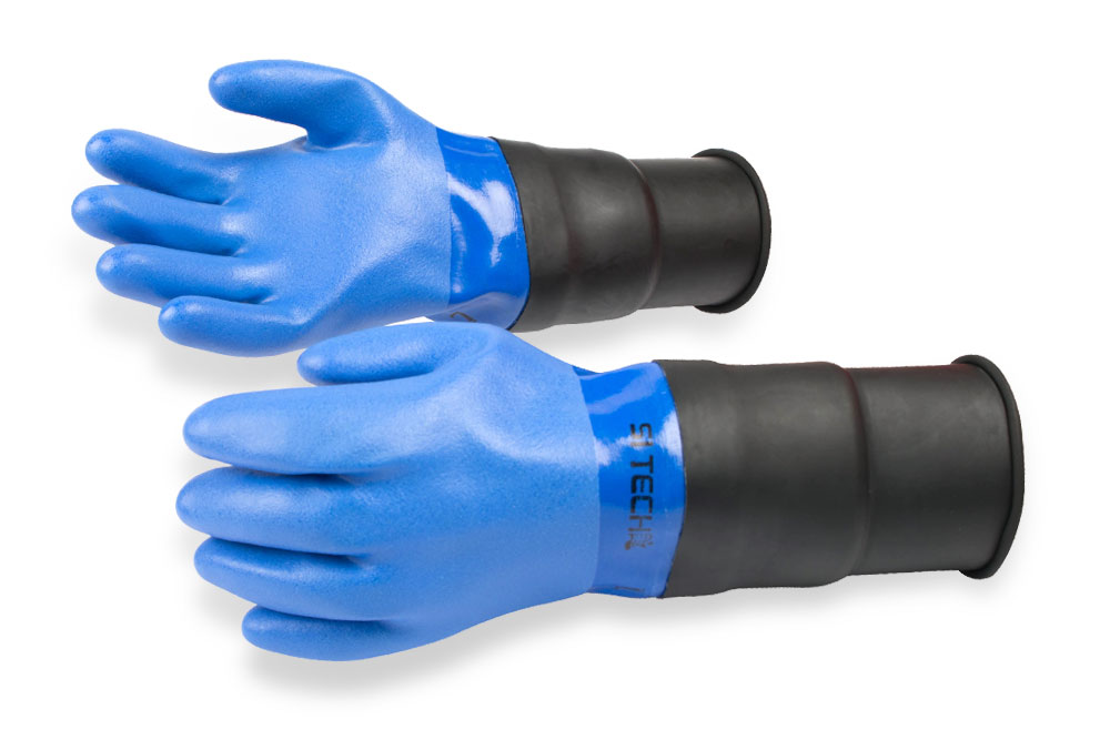 Modré PVC rukavice se predĺženou zápästnou manžetou + podrukavice 