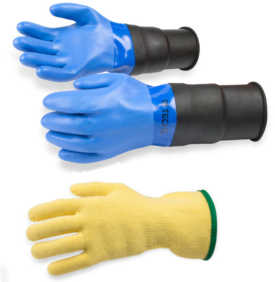 Modré PVC rukavice se predĺženou zápästnou manžetou + podrukavice